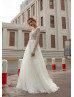 Long Sleeve V Neck Beaded Ivory Eyelash Lace Wedding Dress